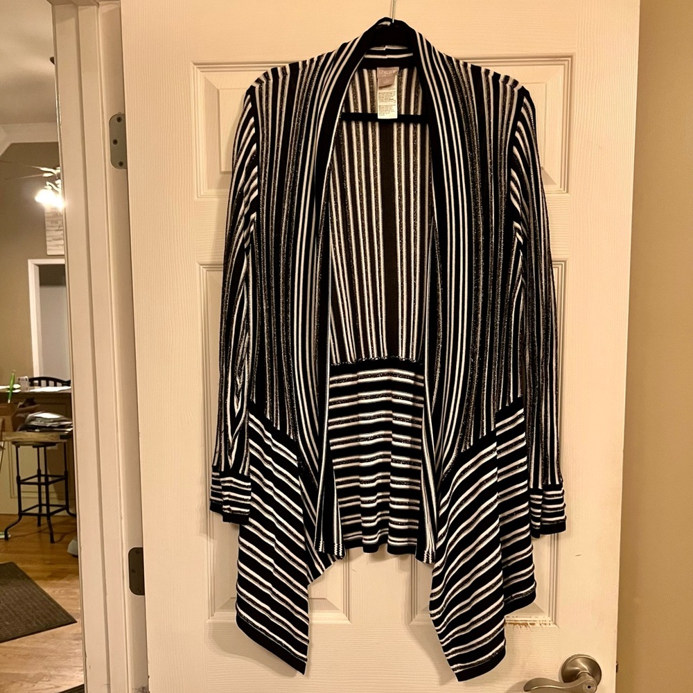 Chico’s travelers black,white,silver knit asymmetric sweater size 2